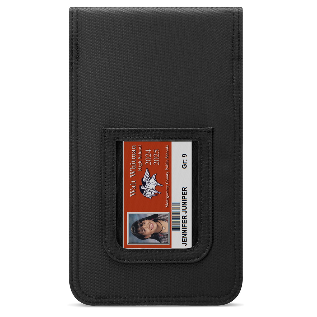 Close-up of Cyber Pouch showing clear ID window and attachment clip