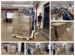 Collage of South San Antonio ISD technology staff and partners staging pallets of ASUS laptops, preparing devices, and organizing charging carts during a large-scale 1,500-device deployment.