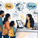 Illustration of a school or office front desk where a staff member uses a tablet translation device to communicate with a parent and child. Speech bubbles show greetings in multiple languages including “Hello,” “Hola,” Arabic text, and “Bonjour,” with a globe and translation icons above them to represent multilingual communication and real-time language support.