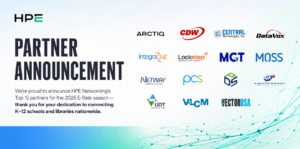 Promotional flyer from HPE Networking announcing the company’s Top 15 partners for the 2026 E-Rate season. The flyer features the headline “Partner Announcement” and recognizes partners dedicated to connecting K–12 schools and libraries nationwide. Central Technologies, Inc. is displayed among other partner logos including CDW, DataVox, MGT, MOSS, Netway Communications, PCS, VLCM, and VectorUSA. Supporting text highlights high-quality design, deployment, E-Rate compliance, and secure network infrastructure that helps bridge the digital divide for schools and libraries. The flyer includes HPE branding with a blue-to-green gradient accent and a “Visit HPE.com” button near the bottom.
